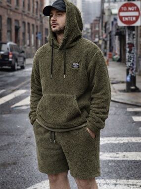 Olive Army Green Sherpa Hoodie & Shorts Set XL Unisex Streetwear Loungewear